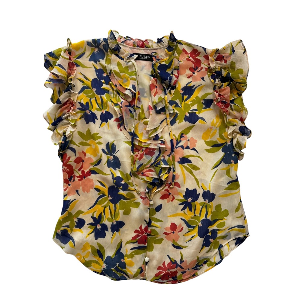 Lauren Ralph Lauren Floral Ruffle V-Neck Blouse Cream Multi Sleeveless Small